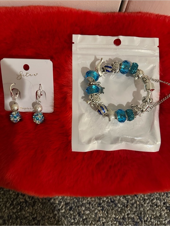 Jewelry - Silver-Tone Blue Crystal Charm Bracelet & Earrings Set